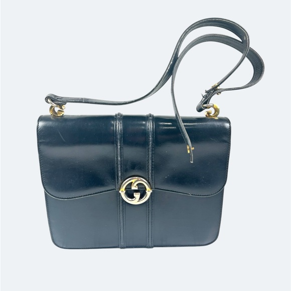 Gucci Black Leather Shoulder Bag with Gold Accent - Picture 1 of 14